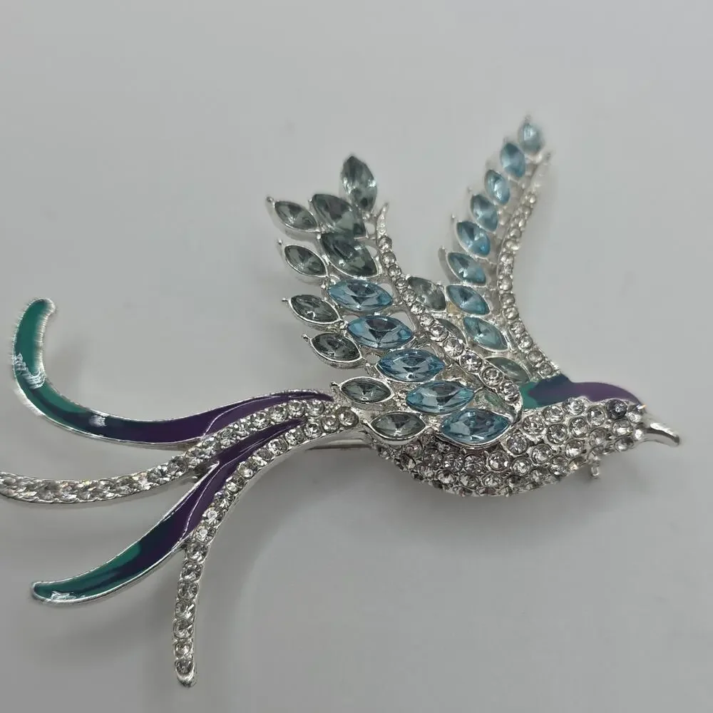 Anne Klein Signed Bird Brooch Silver Tone Blue Rhinestone Enamel